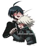  2boys ahoge android bangs black_hair black_jacket blush brown_eyes closed_eyes criis-chan cropped_torso danganronpa embarrassed gloves grey_hair hair_between_eyes hug jacket keebo long_sleeves male_focus multiple_boys new_danganronpa_v3 open_mouth saihara_shuuichi school_uniform simple_background sweat tumblr_username upper_teeth watermark web_address 