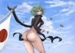  1girl :o ahoge ass black_dress blue_sky breasts clenched_hand cloud curly_hair dismaiden dress flag flagpole flying green_hair highres japanese_flag looking_back medium_breasts no_panties one-punch_man rubble short_hair signature sky tatsumaki thighs torn_clothes torn_dress 