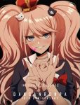  1girl bangs bear_hair_ornament black_bra blonde_hair blood blood_on_face blue_eyes bow bra breasts choker cleavage collarbone commentary criis-chan crown danganronpa danganronpa_1 enoshima_junko fingernails grin hair_ornament hands_up index_finger_raised large_breasts long_hair looking_at_viewer nail_polish necktie pink_blood pink_hair red_bow red_nails school_uniform shirt sleeves_rolled_up smile solo twintails underwear upper_body 