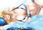  1girl artoria_pendragon_(all) bangs baseball_cap bikini blonde_hair blue_eyes blush breasts fate/grand_order fate_(series) hat highres jacket jacket_removed large_breasts looking_at_viewer lying mysterious_heroine_xx_(foreigner) navel saggitary solo swimsuit tongue tongue_out water white_bikini 