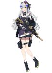  1girl absurdres ankle_boots assault_rifle badge bangs bike_shorts black_coat black_footwear black_ribbon black_shorts blue_dress blue_headwear blush boots carrying coat commentary dress eyebrows_visible_through_hair facial_mark frown full_body girls_frontline gloves green_eyes gun h&amp;k_hk416 hair_ornament hair_ribbon hat highres hk416_(girls_frontline) holding holding_gun holding_weapon id_card koenza_botoke long_hair long_sleeves looking_at_viewer mini_hat namesake no_socks object_on_head open_mouth panties panties_on_head ribbon rifle short_dress shorts silver_hair solo standing standing_on_one_leg teardrop thigh_pouch thigh_strap trigger_discipline underwear weapon white_gloves 