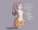  2020 absurd_res anthro barefoot bottomwear breasts clothed clothing disney ears_down english_text female front_view fur grey_body grey_fur hi_res judy_hopps lagomorph leporid mammal multicolored_body multicolored_fur navel nipples open_mouth partially_clothed pivoted_ears purple_eyes rabbit shorts signature simple_background small_breasts solo text toes wide_hips zhan zootopia 