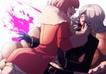  2girls andou_ruruka ass belt black_belt black_gloves black_jacket black_pants blood blood_on_face blood_splatter blush coat commentary criis-chan danganronpa danganronpa_3 eye_contact fur_trim glasses gloves grey_hair hair_over_one_eye jacket kimura_seiko long_sleeves looking_at_another mask medium_hair mouth_mask multiple_girls open_mouth pants pink_blood red_eyes shirt short_hair shorts surgical_mask tumblr_username watermark web_address white_shirt 