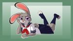  16:9 3_toes abstract_background anthro bedroom_eyes bent_legs biped bottomwear bow_tie claws clothing disney eyebrows eyelashes eyeshadow female finger_claws footwear hand_on_face hi_res judy_hopps lagomorph leporid looking_at_viewer lying makeup mammal narrowed_eyes on_front pink_inner_ear pink_nose plantigrade pleated_skirt purple_eyes rabbit school_uniform seductive shirt short_tail simple_background skeleito skirt smile socks solo toe_claws toeless_socks toes topwear uniform wallpaper widescreen zootopia 