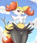  absurd_res an-tonio anthro blush bra braixen breasts canid canine clothing female fur hi_res looking_at_viewer mammal navel nintendo panties pok&eacute;mon pok&eacute;mon_(species) solo underwear video_games yellow_body 