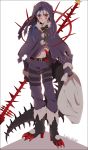  1boy age_regression alternate_costume bag belt blue_hair bodypaint boots capelet christmas claws closed_mouth cu_chulainn_(fate)_(all) cu_chulainn_alter_(fate/grand_order) dark_persona earrings facepaint fate/grand_order fate_(series) frown full_body gae_bolg gloves hair_strand high_heel_boots high_heels highres holding holding_bag hood hood_up jewelry male_focus monster_boy namahamu_(hmhm_81) navel pants ponytail red_eyes solo tail type-moon white_background younger 
