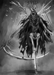 animal bug butterfly death_(entity) greyscale grim_reaper halo highres holding holding_scythe holding_weapon horns ika_ruga insect monochrome monster original scythe skeleton skull torn torn_clothes walking weapon wood 