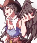  1girl absurdres armpit_crease bare_shoulders black_hair black_wings breasts brown_headwear brown_skirt cleavage collarbone commentary_request cowboy_hat feathered_wings fingernails gokuu_(acoloredpencil) hand_on_hip hat head_tilt highres horse_tail kurokoma_saki long_hair looking_at_viewer medium_breasts off-shoulder_shirt off_shoulder open_mouth plaid plaid_skirt puffy_short_sleeves puffy_sleeves red_eyes scarf shirt short_hair short_sleeves simple_background skirt smile solo standing tail touhou upper_body upper_teeth v-shaped_eyebrows very_long_hair white_background white_scarf wings 