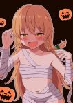  1girl :d black_background blonde_hair blush bow braid collarbone commentary_request eyebrows_visible_through_hair fang flat_chest furrowed_eyebrows green_bow hair_between_eyes hair_bow half-closed_eyes halloween jack-o&#039;-lantern junyamaekaki kirisame_marisa long_hair looking_at_viewer mummy_costume navel no_hat no_headwear open_mouth outline simple_background single_braid smile solo standing touhou upper_body very_long_hair white_outline yellow_eyes 