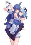  2girls absurdres ahoge arm_up armband armpit_hair armpits b9_(rrrqqq) bili_girl_22 bili_girl_33 bilibili_douga blue_hair blue_legwear blue_skirt blue_theme blush blush_stickers breath eyebrows_visible_through_hair gloves hair_between_eyes hair_ornament heavy_breathing highres long_hair looking_at_another medium_hair multiple_girls no_shoes open_mouth parted_lips red_eyes simple_background skirt standing sweat teeth thighhighs white_background white_gloves white_skirt 