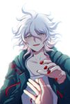  1boy 1other :d backlighting bangs collarbone criis-chan danganronpa grey_eyes hair_between_eyes hand_up hood hooded_jacket jacket komaeda_nagito long_sleeves looking_at_viewer male_focus messy_hair nail_polish open_clothes open_jacket open_mouth pov pov_hands print_shirt red_nails shirt simple_background smile solo_focus super_danganronpa_2 upper_body upper_teeth white_background white_hair white_shirt 