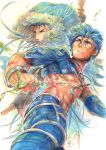 2boys abs blue_hair bodypaint bracelet capelet crescent_necklace cu_chulainn_(fate)_(all) cu_chulainn_(fate/grand_order) detached_sleeves earrings facepaint fate/grand_order fate_(series) fur-trimmed_hood fur_trim hood hood_up hooded_capelet jewelry lancer leaf long_hair male_focus marker_(medium) multiple_boys multiple_persona muscle ousaka_tama pants red_eyes short_hair skin_tight slit_pupils spiked_hair strap traditional_media type-moon 