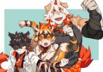  2boys aak_(arknights) animal_ears arknights arm_up bangs bare_shoulders black_tank_top brown_fur cat_boy character_request dog_boy dog_ears dog_tail flexing furry glasses hair_over_one_eye highres horns hung_(arknights) medium_hair multicolored_hair multiple_boys muscle one_eye_covered orange_eyes orange_hair pectorals pose single_horn smile st05254 streaked_hair tail tank_top tiger_tail two-tone_fur upper_body white_fur white_hair 
