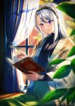  1girl bangs blush book breasts commentary_request curtains enemy_lifebuoy_(kantai_collection) hairband indoors jacket jewelry kantai_collection leaf long_hair long_sleeves necklace purple_eyes reading sagiri_(kantai_collection) silver_hair sitting skirt smile sunlight sweater unowen window 