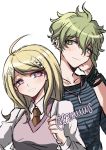  1boy 1girl ahoge akamatsu_kaede amami_rantarou bangs blonde_hair blush breasts closed_mouth commentary criis-chan danganronpa ear_piercing green_eyes green_hair hair_between_eyes hair_ornament jewelry long_hair long_sleeves looking_at_viewer messy_hair musical_note musical_note_hair_ornament necklace necktie new_danganronpa_v3 piercing purple_eyes school_uniform shirt short_hair simple_background smile striped striped_shirt sweater_vest upper_body white_background white_shirt 