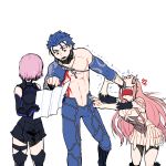  1boy 2girls armor armored_leotard black_armor black_footwear black_gloves blue_hair boots bracelet chest_tattoo cowboy_shot crescent_necklace cu_chulainn_(fate)_(all) elbow_gloves fate/grand_order fate_(series) frills gloves holding jewelry lancer long_hair mash_kyrielight medb_(fate)_(all) medb_(fate/grand_order) multiple_girls pink_hair purple_hair red_eyes short_hair simple_background single_bare_shoulder skirt spr tattoo thigh_boots thighhighs trembling white_background white_gloves white_skirt 