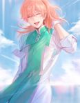  1boy ^_^ ahoge bangs chaldea_uniform closed_eyes cloud cloudy_sky collar facing_viewer fate/grand_order fate_(series) gloves green_eyes hair_between_eyes highres labcoat long_hair long_sleeves male_focus orange_hair ponytail romani_archaman sky sleeves_rolled_up smile solo tki_716 upper_body white_gloves 