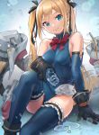  1girl absurdres azur_lane bangs bare_shoulders black_footwear black_gloves black_ribbon blonde_hair blue_eyes blue_legwear blue_leotard bow bowtie breasts dead_or_alive dead_or_alive_5 detached_sleeves eyebrows_visible_through_hair eyes_visible_through_hair gloves hair_ribbon highres joeychen knee_up leotard long_hair long_sleeves looking_at_viewer marie_rose medium_breasts offering puddle red_bow ribbon sitting smile solo thighhighs thighs twintails weapon 