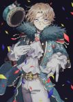  1boy black_background blonde_hair blue_eyes blurry coat coattails confetti cravat depth_of_field epaulettes freckles frilled_sleeves frills fur_trim gloves gumegume hand_on_own_chest hat hat_removed headwear_removed highres identity_v looking_at_viewer male_focus mike_morton monocle outstretched_arm short_hair simple_background smile solo star_(symbol) star_in_eye symbol_in_eye top_hat white_gloves 