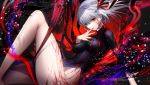  1girl bangs black_dress breasts corruption covered_navel covered_nipples dark_persona dark_sakura dress eyebrows_visible_through_hair fate/stay_night fate_(series) grey_hair heaven&#039;s_feel highres large_breasts legs looking_at_viewer matou_sakura medium_hair no_panties parted_lips red_eyes ribbon sitting skin_tight solo striped striped_dress thighs tsukimoto_aoi 