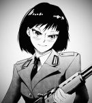  1girl artist_request black_hair black_neckwear blush closed_mouth collared_shirt dress_shirt east_german gradient gradient_background grey_jacket greyscale holding holding_weapon jacket long_sleeves military military_uniform monochrome necktie original shiny shiny_hair shirt short_hair simple_background sks solo uniform upper_body weapon white_shirt 