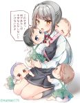  5girls baby bangs blush dress grey_hair highres holding_person kantai_collection kasumi_(kantai_collection) kneeling long_hair multiple_girls numa178 pacifier pinafore_dress side_ponytail sidelocks socks tied_hair very_long_hair yellow_eyes 