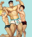  3boys abs akitaru_oubi arthur_boyle bangs bara biceps black_hair black_male_underwear blonde_hair blue_eyes blue_male_underwear blush boxer_briefs bulge cover cover_page doujin_cover en&#039;en_no_shouboutai erection erection_under_clothes feet_out_of_frame flexing highres lifting_person looking_at_viewer male_focus multiple_boys muscle navel nipples pectorals pose red_eyes robokeh shinra_kusakabe short_hair sideburns simple_background smile thick_thighs thighs toned toned_male underwear underwear_only white_male_underwear 