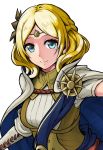  1girl badge blonde_hair blue_eyes braid breasts cape circlet closed_mouth fire_emblem fire_emblem_warriors lianna_(fire_emblem) looking_at_viewer medium_breasts nintendo sash smile solo tenchan_man upper_body white_background 