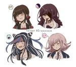  4girls :d artist_name bangs black_hair black_jacket black_shirt blue_hair blush braid brown_hair closed_eyes collarbone criis-chan cropped_shoulders crying danganronpa danganronpa_1 emoji eyebrows_visible_through_hair fake_horns fangs fukawa_touko genocider_shou glasses hair_ornament hairclip happy_tears harukawa_maki hood hooded_jacket horns jacket light_brown_hair long_hair long_tongue mioda_ibuki mole mole_under_mouth multicolored_hair multiple_girls nanami_chiaki neck_ribbon new_danganronpa_v3 open_mouth pink_eyes pink_hair pink_ribbon red_eyes red_shirt ribbon sailor_collar school_uniform shaded_face shirt sleeping smile super_danganronpa_2 symbol_commentary tears teeth tongue tongue_out twin_braids two-tone_shirt white_hair white_shirt zzz 