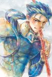  1boy abs blue_hair bodysuit cu_chulainn_(fate)_(all) earrings fate/stay_night fate_(series) floating_hair gae_bolg holding holding_polearm holding_weapon jewelry lancer licking_lips long_hair male_focus ousaka_tama pectorals polearm ponytail red_eyes skin_tight slit_pupils solo spiked_hair tongue tongue_out type-moon weapon 