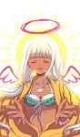  1girl bangs bead_bracelet bead_necklace beads bikini bikini_top blunt_bangs blush bracelet breasts cleavage closed_eyes collarbone commentary criis-chan danganronpa dark_skin dark_skinned_female eyebrows_visible_through_hair fake_halo fake_wings frilled_bikini frills halo jacket jewelry long_hair looking_at_viewer low_twintails medium_breasts necklace new_danganronpa_v3 open_mouth shell_necklace silver_hair small_breasts smile solo swimsuit twintails white_hair wings yellow_jacket yonaga_angie 