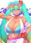 1girl aqua_hair bikini blue_eyes breasts cleavage collarbone eyewear_on_head facominn flower hair_ornament hatsune_miku highres huge_breasts long_hair looking_at_viewer open_mouth solo swimsuit twintails very_long_hair vocaloid 