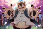  1boy absurdres animal_ears backlighting bara beige_fur belly blush cherry_blossoms collared_shirt dog_boy dog_ears forked_eyebrows furry gakuran highres hoshi_(art_hoshi) incoming_hug male_focus moritaka_(tokyo_houkago_summoners) muscle one_eye_closed open_hands partially_unbuttoned paws petals plump scar scar_on_cheek scar_on_face school_uniform shirt short_hair solo tokyo_houkago_summoners upper_body white_shirt 