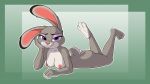  16:9 3_toes abstract_background anthro bedroom_eyes bent_legs biped butt claws disney eyebrows eyelashes eyeshadow female finger_claws hand_on_face hi_res judy_hopps lagomorph leporid looking_at_viewer lying makeup mammal narrowed_eyes nipples nude on_front pink_inner_ear pink_nose plantigrade purple_eyes rabbit seductive short_tail simple_background skeleito smile soles solo toe_claws toes wallpaper widescreen zootopia 