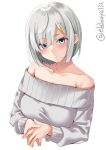  1girl blue_eyes blush breasts close-up collarbone ebifurya hair_ornament hair_over_one_eye hairclip hamakaze_(kantai_collection) hands_together highres kantai_collection large_breasts light_blush neck off-shoulder_sweater off_shoulder open_mouth short_hair silver_hair simple_background sweater twitter_username upper_body white_background white_hair 