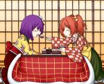  2girls apron bell cake checkered checkered_kimono checkered_shirt closed_eyes commentary feeding floral_print flower food fork frilled_skirt frills from_side hair_bell hair_flower hair_ornament hieda_no_akyuu highres holding holding_plate japanese_clothes kimono kotatsu long_sleeves motoori_kosuzu multiple_girls obi orange_hair plate purple_hair raythalosm sash shirt short_hair skirt smile table touhou twitter_username two_side_up waist_apron wide_sleeves yuri 