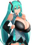  1girl absurdres aqua_eyes aqua_hair breasts cleavage detached_sleeves facominn hair_ornament hatsune_miku headset highres huge_breasts index_finger_raised long_hair looking_at_viewer necktie panties simple_background smile twintails underwear very_long_hair vocaloid white_background 