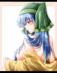  1girl bangs bare_shoulders beige_border blue_hair blush breasts clothes_removed dress dress_removed eyebrows_visible_through_hair from_behind gradient_hair green_hair green_headwear hair_censor hair_over_breasts hair_over_shoulder half-closed_eyes haniyasushin_keiki head_scarf highres jpeg_artifacts large_breasts letterboxed long_hair looking_to_the_side multicolored_hair oshiaki outline parted_lips pink_lips profile purple_hair red_eyes reflective_eyes shiny shiny_hair shiny_skin simple_background solo touhou upper_body white_background yellow_dress 