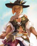  1girl animal_ears armlet bangs black_eyes blonde_hair blunt_bangs bob_cut breasts cat_ears cleavage cloud commentary contrapposto cowboy_shot dark_skin facial_mark final_fantasy final_fantasy_xiv from_below hat hat_feather highres leaf light_smile looking_at_viewer looking_down miqo&#039;te muraicchi_(momocchi) short_hair sky solo twitter_username wristlet 