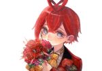  1boy antenna_hair bouquet eyelashes flower looking_at_viewer mochigome_138 red_flower red_hair riddle_rosehearts smile solo twisted_wonderland upper_body vest yellow_neckwear 