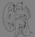  anthro butt chair digital_media_(artwork) dragon furniture horn lithiumred looking_at_mirror looking_at_object male mirror monochrome nude pinup pose scalie simple_background smile solo vox_(lithiumred) 