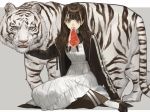  1girl apron black_dress black_footwear black_jacket black_ribbon brown_hair dress food food_in_mouth green_eyes grey_background highres jacket long_hair meat neck_ribbon original ribbon sakauchi_waka simple_background sitting solo steak tiger white_apron white_legwear white_tiger 