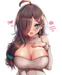  1girl ahoge aqua_eyes ara_ara ayumi_oneesan bare_shoulders breasts brown_hair cleavage commentary english_commentary grey_nails hair_over_one_eye hair_over_shoulder heart heart-shaped_pupils indie_virtual_youtuber kaptivate large_breasts lipstick_mark long_hair long_sleeves looking_at_viewer low-tied_long_hair meme_attire open-chest_sweater open_mouth ribbed_sweater simple_background solo sweater symbol-shaped_pupils turtleneck turtleneck_sweater twitch.tv upper_body virtual_youtuber white_background 