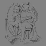  1:1 anthro butt chair dragon furniture horn lithiumred looking_at_mirror looking_at_object male mirror monochrome nude pinup pose scalie simple_background smile solo vox_(lithiumred) wings 