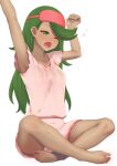  1girl absurdres arms_up barefoot crossed_legs dark-skinned_female dark_skin feet full_body green_eyes green_hair hair_down highres indian_style long_hair mallow_(pokemon) one_eye_closed open_mouth pajamas pokemon pokemon_(anime) pokemon_sm_(anime) prophecy_(rakuichimonji) shirt shorts sitting sleep_mask sleepwear sleepy solo tan toes waking_up yawning 