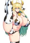  animal_print breasts covered_nipples cow_print elven_forest_maker highres last_origin murasaki_nami split standing standing_on_one_leg standing_split 