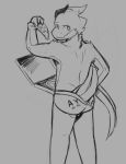  anthro clothed clothing digital_media_(artwork) dragon food holding_food holding_object horn lithiumred looking_at_viewer male monochrome pizza pizza_box scalie simple_background smile solo standing topless underwear vox_(lithiumred) 
