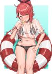  1girl absurdres bikini breasts candy choker commission floating food girls_frontline gun h&amp;k_mp7 highres kuro_(zhurunbo1997) lifebuoy lollipop medium_breasts medium_hair mp7_(girls_frontline) navel official_alternate_costume red_hair see-through skeb_commission solo submachine_gun swimsuit water weapon yellow_eyes 
