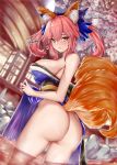  1girl animal_ear_fluff animal_ears artist_name ass bangs bare_shoulders blue_kimono blush breasts cherry_blossoms cleavage closed_mouth collarbone commentary_request cowboy_shot dress dutch_angle eyebrows_visible_through_hair fate/extra fate/grand_order fate_(series) fox_ears fox_girl fox_tail from_behind from_below hair_between_eyes highres japanese_clothes kimono large_breasts long_hair looking_at_viewer looking_back no_panties onsen outdoors partially_submerged pelvic_curtain pink_hair rock shiny shiny_skin sideboob sidelocks smile solo standing steam strapless strapless_dress tail tamamo_(fate)_(all) tamamo_no_mae_(fate) thighs toyoman water wet yellow_eyes 