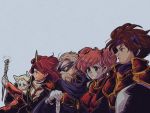  2boys 3girls animal_ears armor beads blonde_hair blue_mage brown_eyes brown_hair butz_klauser cat_ears china_dress chinese_clothes double_bun dress facial_hair fake_animal_ears faris_scherwiz final_fantasy final_fantasy_v galuf_halm_baldesion gloves green_eyes grey_hair hair_bun horns knight_(final_fantasy) krile_mayer_baldesion lenna_charlotte_tycoon long_hair looking_afar mask monk_(final_fantasy) multiple_boys multiple_girls pauldrons pink_hair purple_hair robe saito_piyoko shield short_hair shoulder_armor simple_background single_horn staff summoner_(final_fantasy) white_gloves white_hood white_mage 